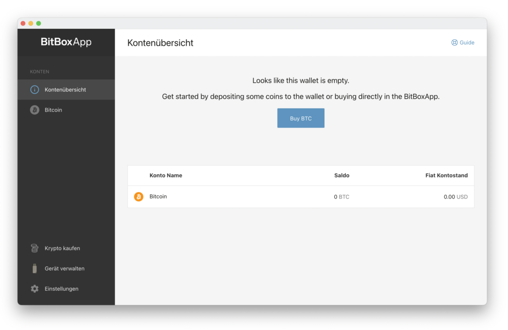 BitBoxApp account overview with an empty Bitcoin account