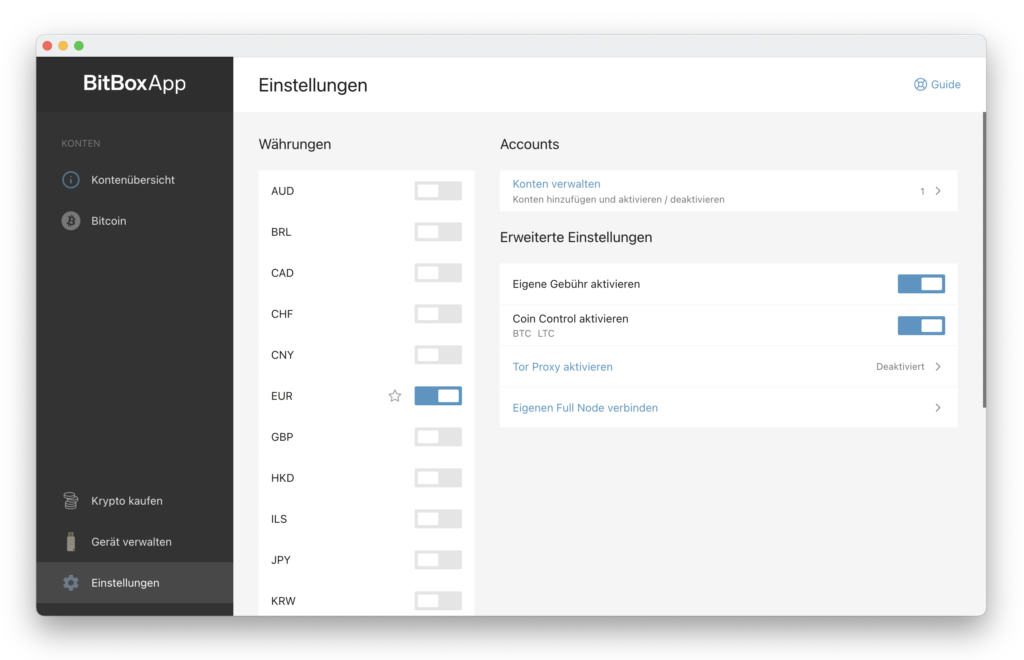 BitBoxApp settings with account management
