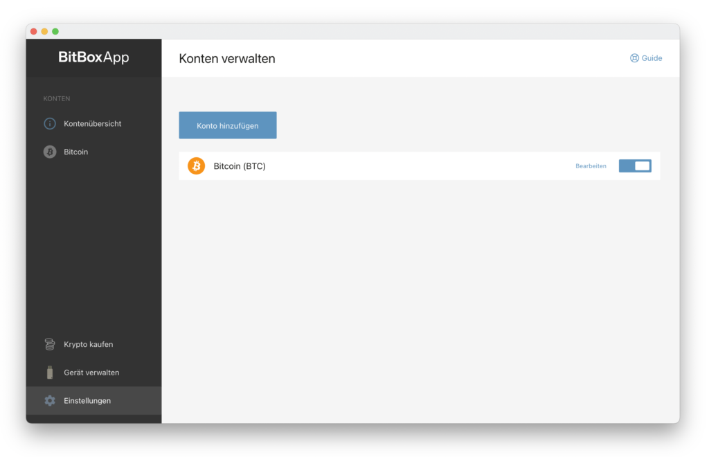 BitBoxApp manage accounts screen with add account