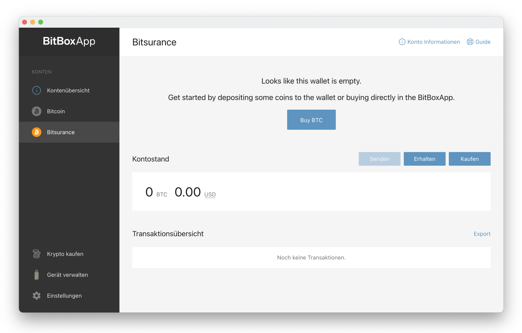 BitBoxApp with the Bitsurance account selected