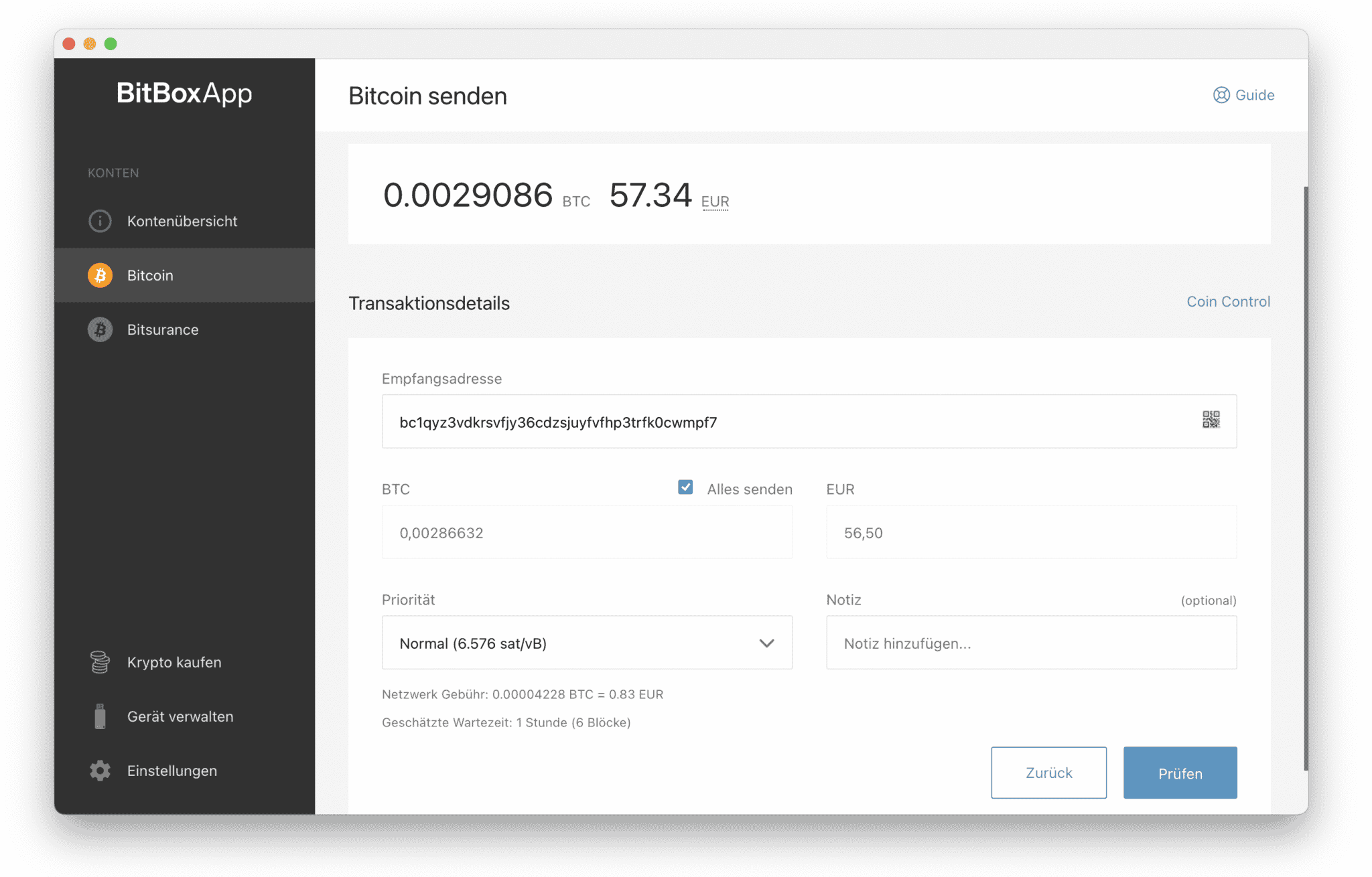 BitBoxApp send dialog with recipient address
