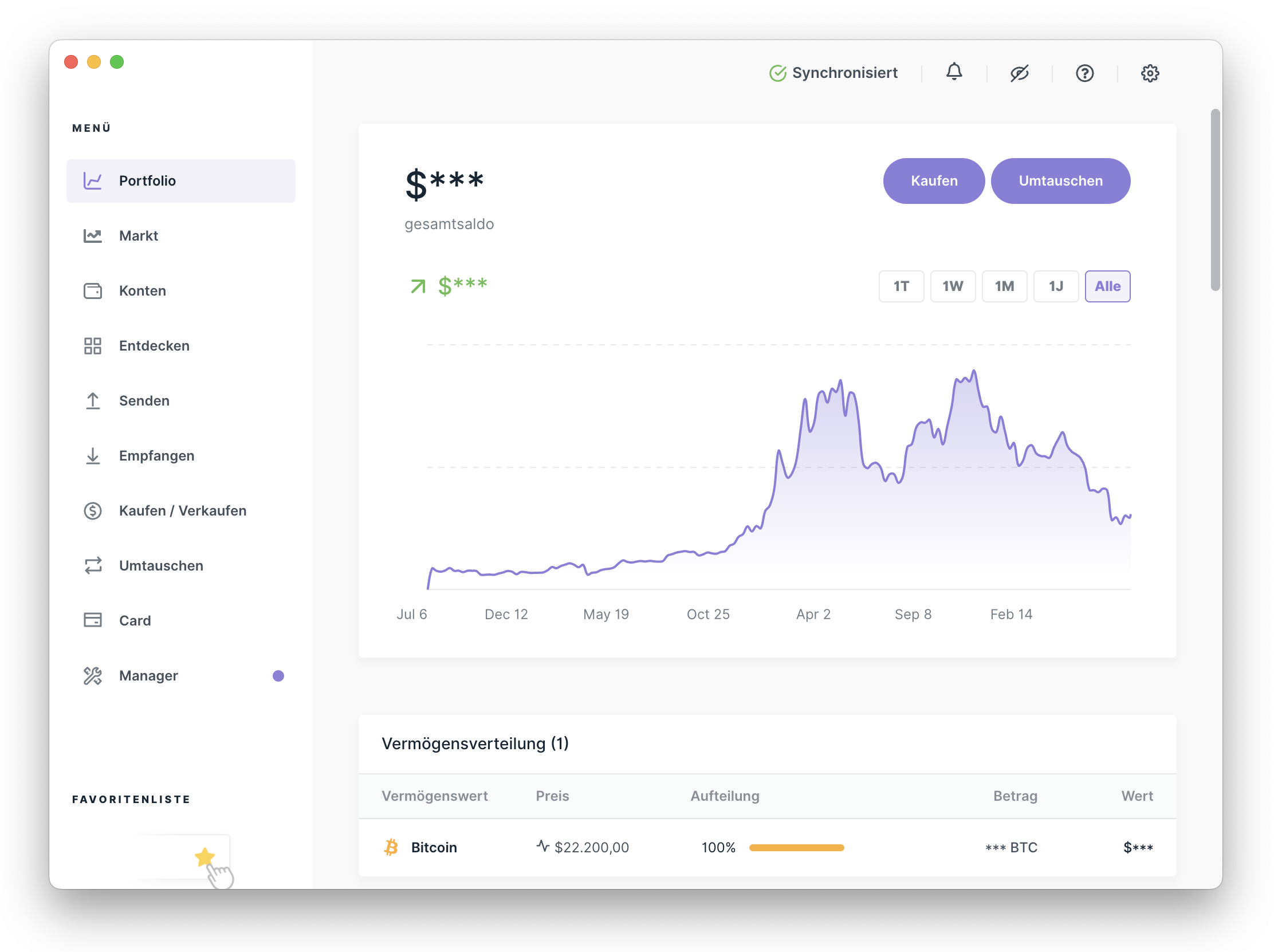 Ledger Live Portfolio-Ansicht mit Konten-Menü