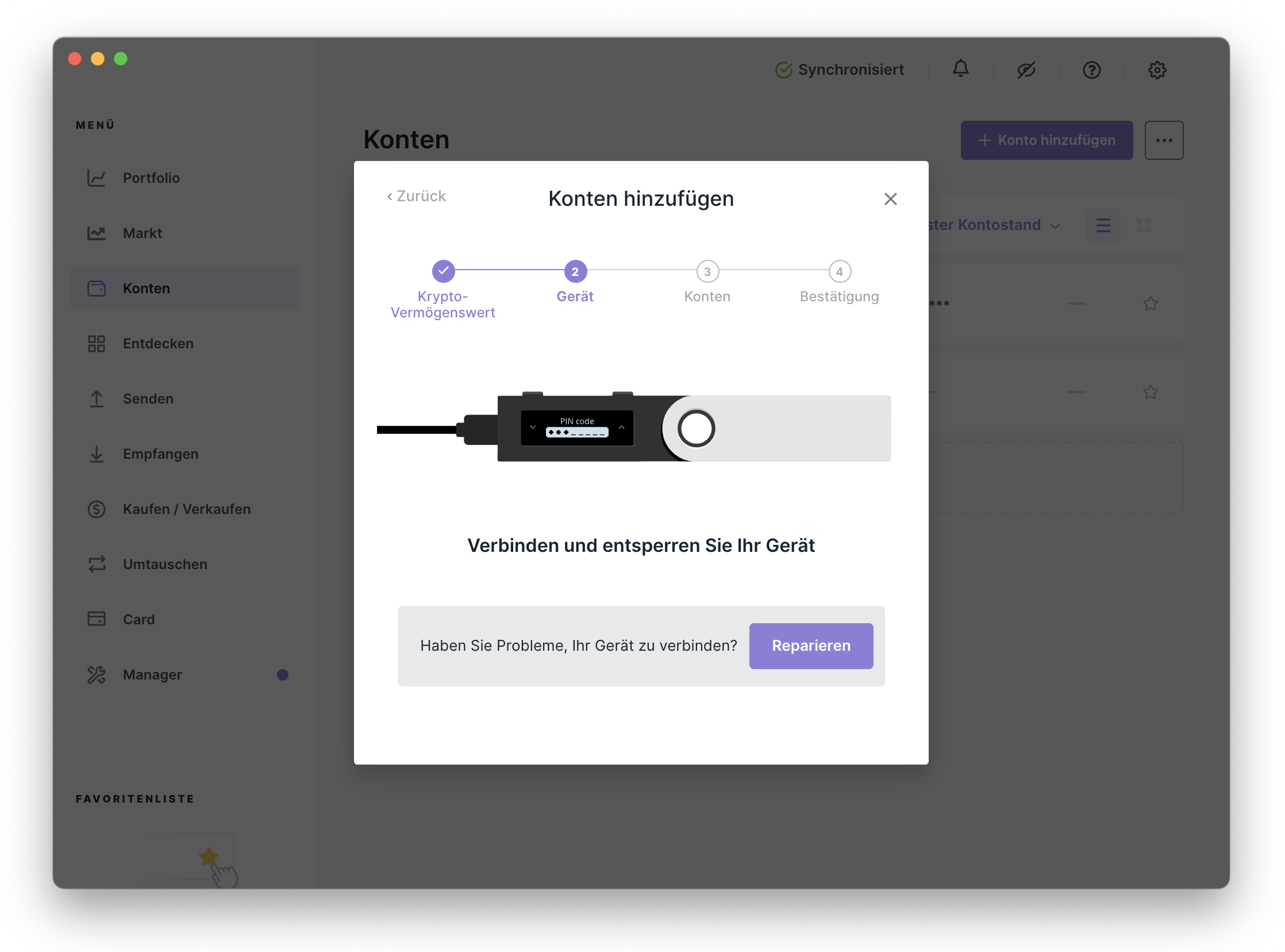 Ledger Live Auswahl der Kryptowährung Bitcoin