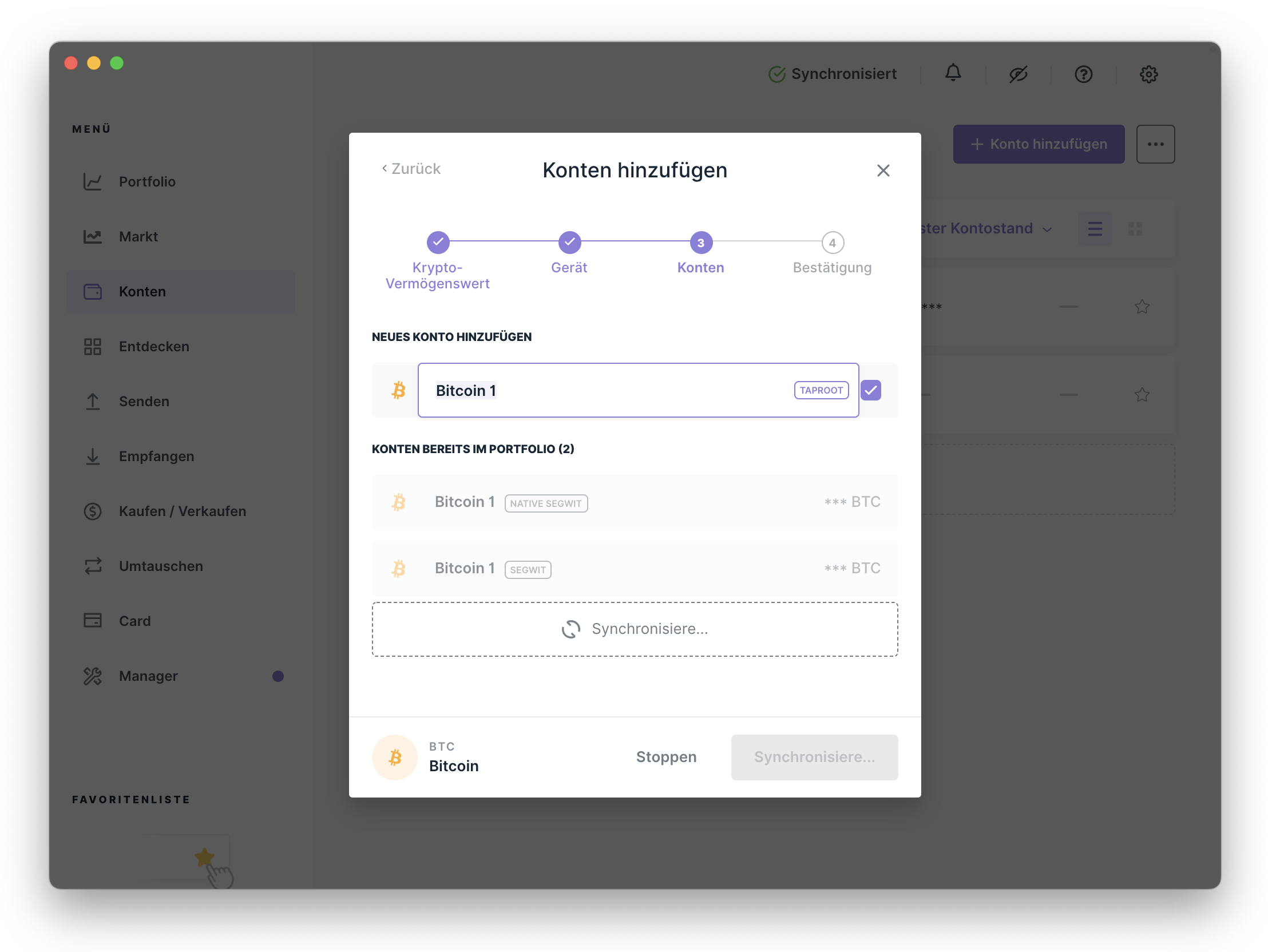 Ledger Live Verbindung mit Ledger und Bitcoin-App