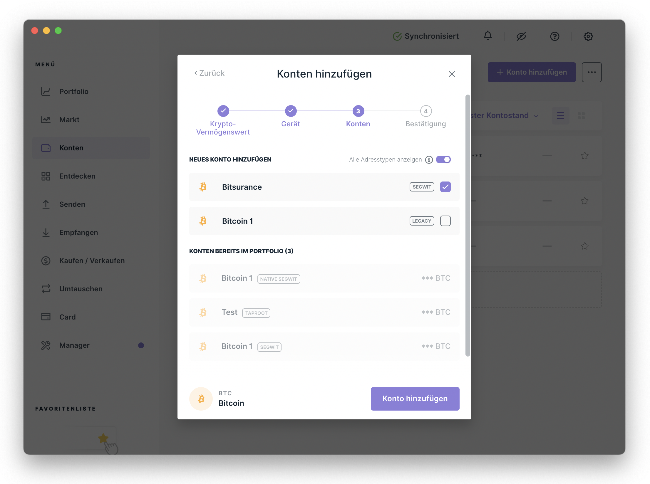 Ledger Live Auswahl von Adresstyp und Kontoname