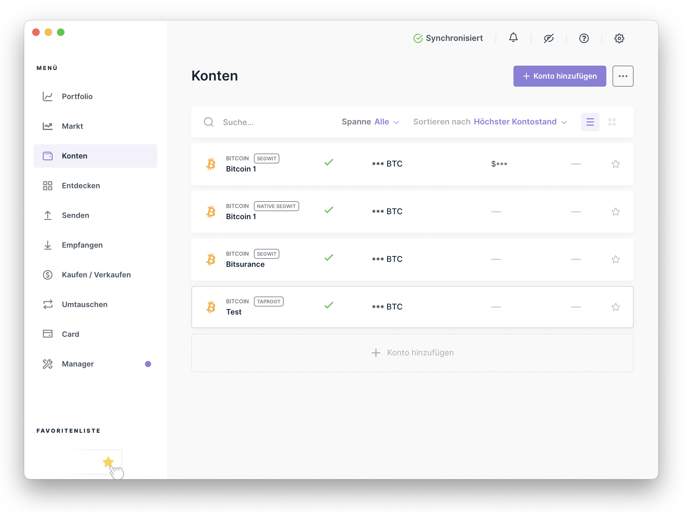 Ledger Live neues Bitcoin-Konto in der Kontenliste