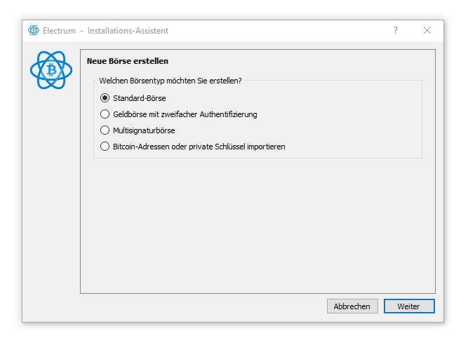 Electrum Installations-Assistent mit dem Wallet-Namen neues_wallet