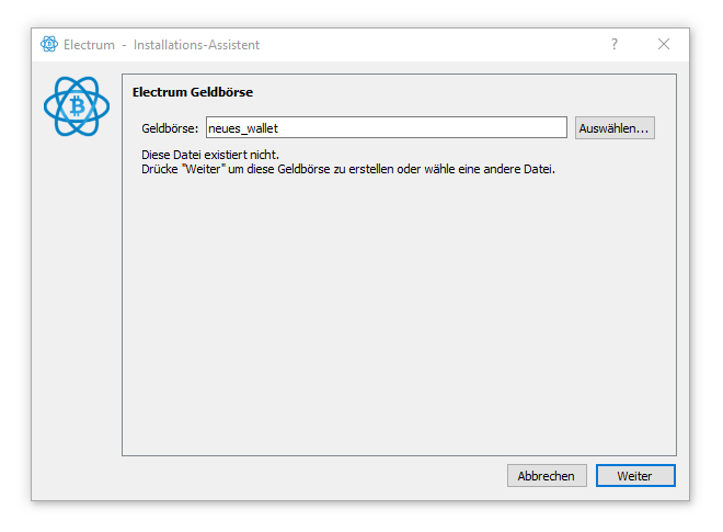 Electrum Installations-Assistent mit ausgewählter Standard-Wallet