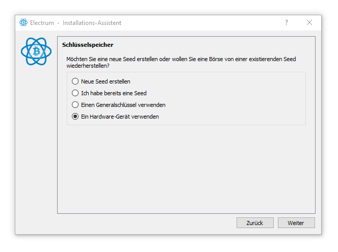 Electrum Schlüsselspeicher-Auswahl mit der Option Ein Hardware-Gerät verwenden