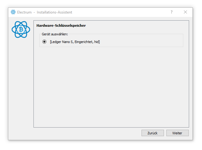 Electrum Hardware-Schlüsselspeicher mit erkanntem Ledger Nano S