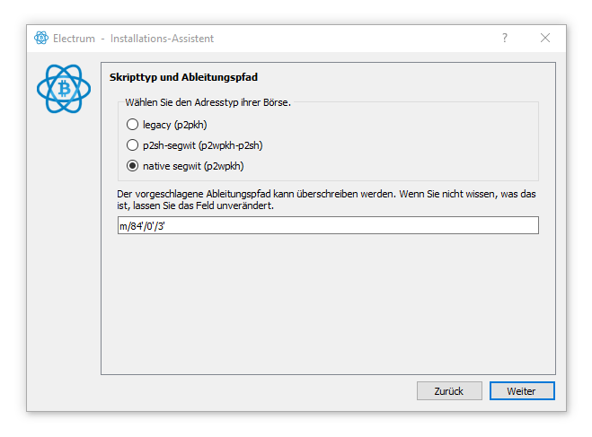 Electrum Ableitungspfad für das vierte Native-Segwit-Unterkonto