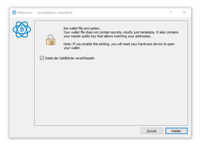 Electrum Dialog zum Verschlüsseln der Wallet-Datei