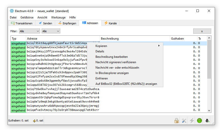 Electrum Adressen-Tab mit Kontextmenü Nachricht signieren oder verifizieren
