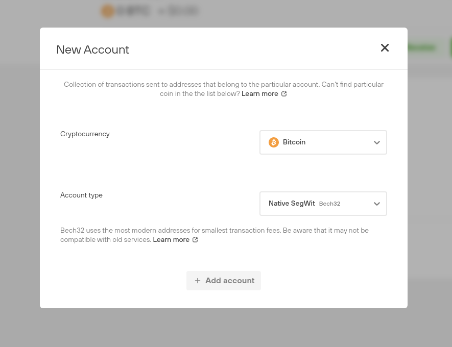 Trezor Suite Dialog Add account mit Native SegWit