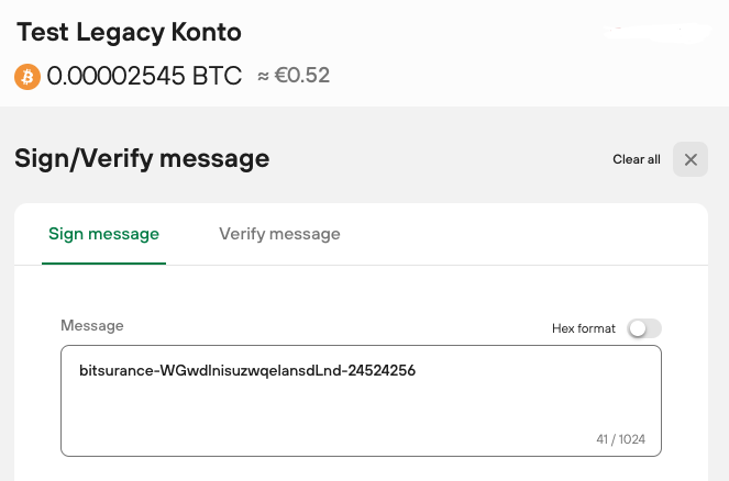 Trezor Suite Sign message form with pasted message