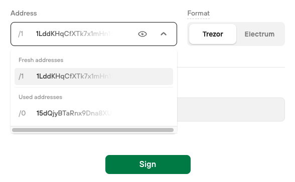Trezor Suite address selection while signing