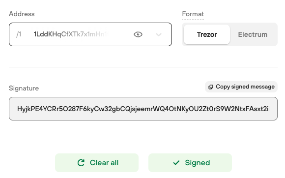 Trezor Suite signature result after signing